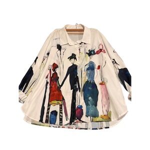 Artistic Watercolor Figure Print Button Down Oversized Blouse White 5XL